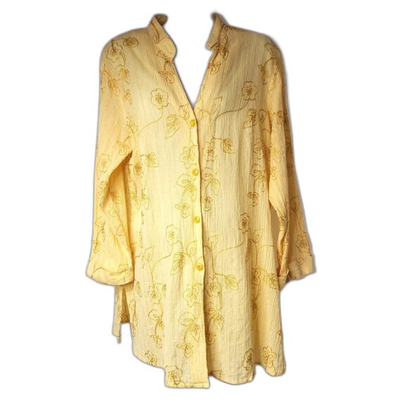 Susan Graver Long Tunic Top Embroidery Boho Button Front Long Sleeves Sz. L - Picture 1 of 6